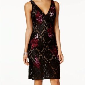 Betsy & Adam Elegant Black Lace sleeveless Dress with Floral Accents